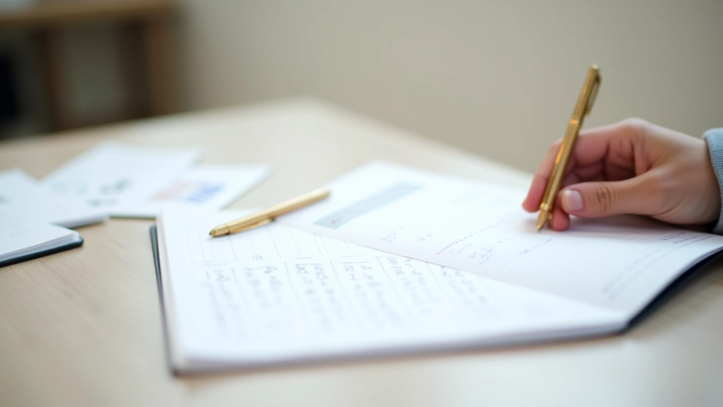 Carnet de notes avec stratégie d'épargne écrite, stylo doré et calendrier de versements mensuels